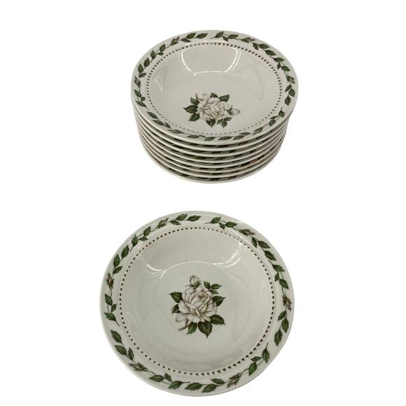 Set of 9 Hall China Cameo Rose Fruit Dessert Bowls White Roses - Picture 1 of 3